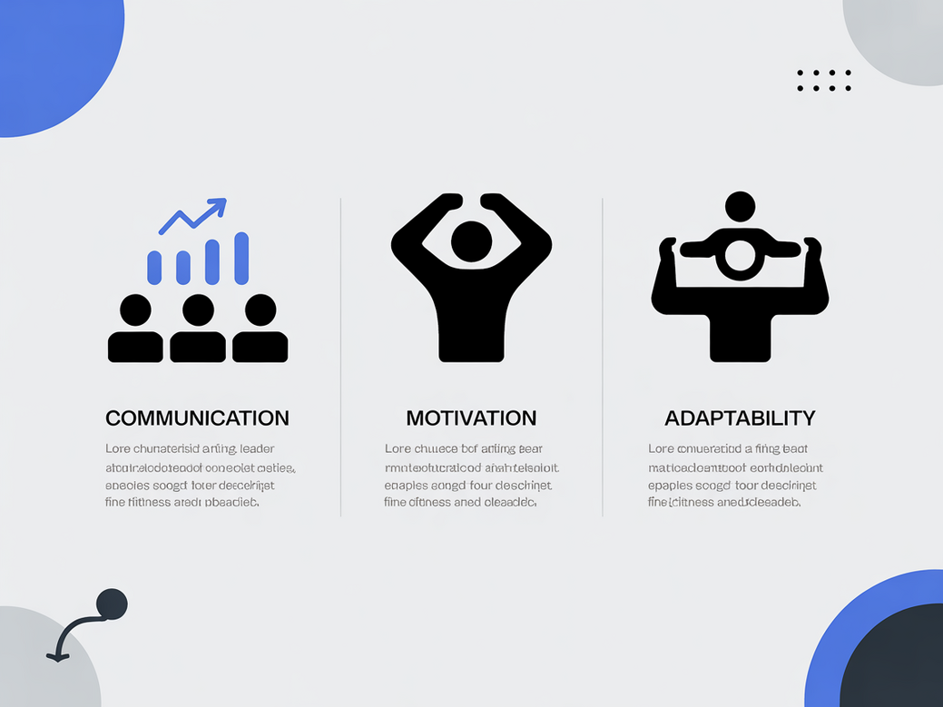 Infográfico destacando as três características de um líder de fitness de sucesso: Comunicação, Motivação e Adaptabilidade.