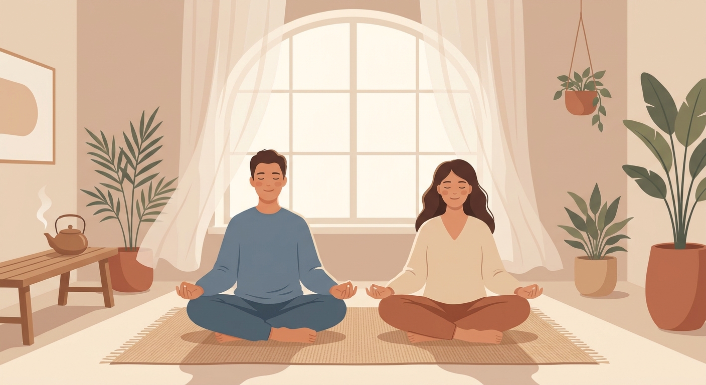 Casal meditando junto em sintonia e conexão
