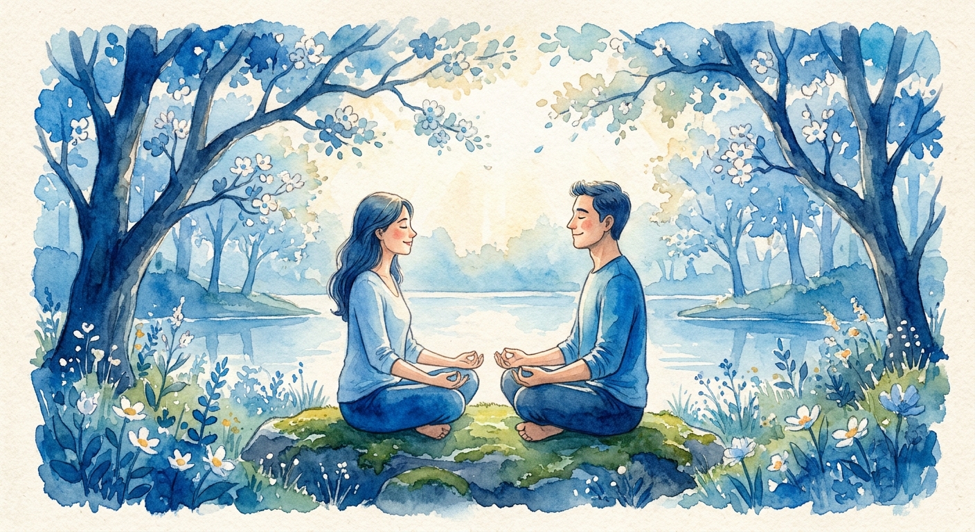 Casal meditando juntos ao ar livre em sintonia e conexão emocional com meditação para casais