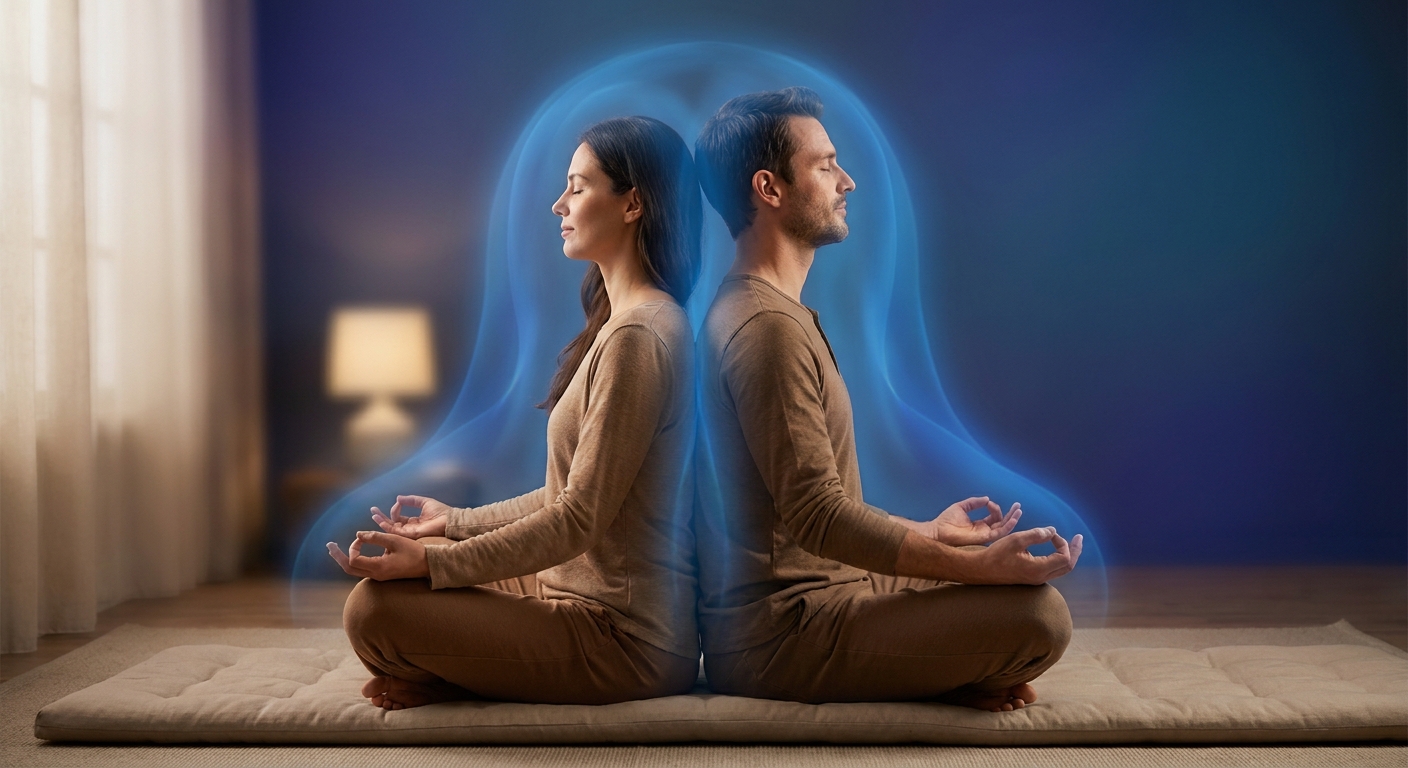Casal meditando juntos em sintonia com aura azul de conexão