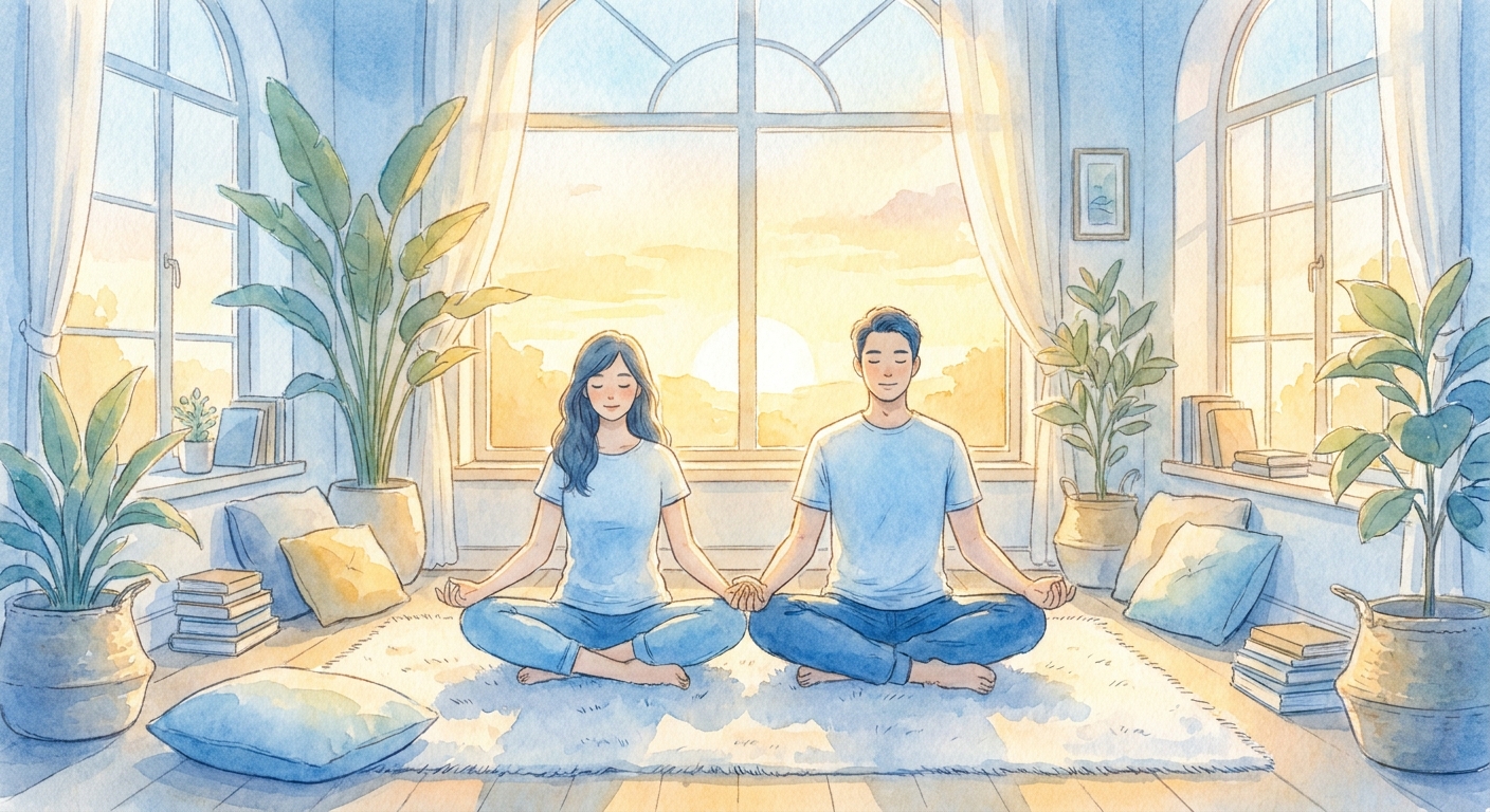 Casal meditando lado a lado em sintonia e conexão emocional com meditação guiada para casal