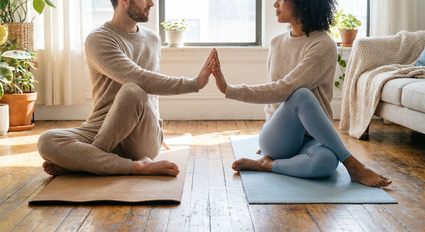 Casal praticando torção sentada no yoga a dois, com as mãos se tocando suavemente em sintonia