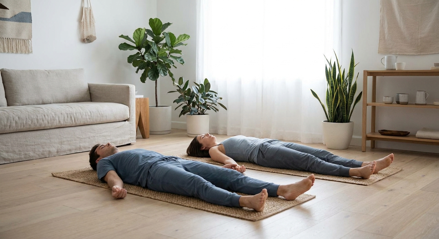 Casal deitado lado a lado em savasana, de mãos dadas, praticando meditação a dois e relaxamento guiado