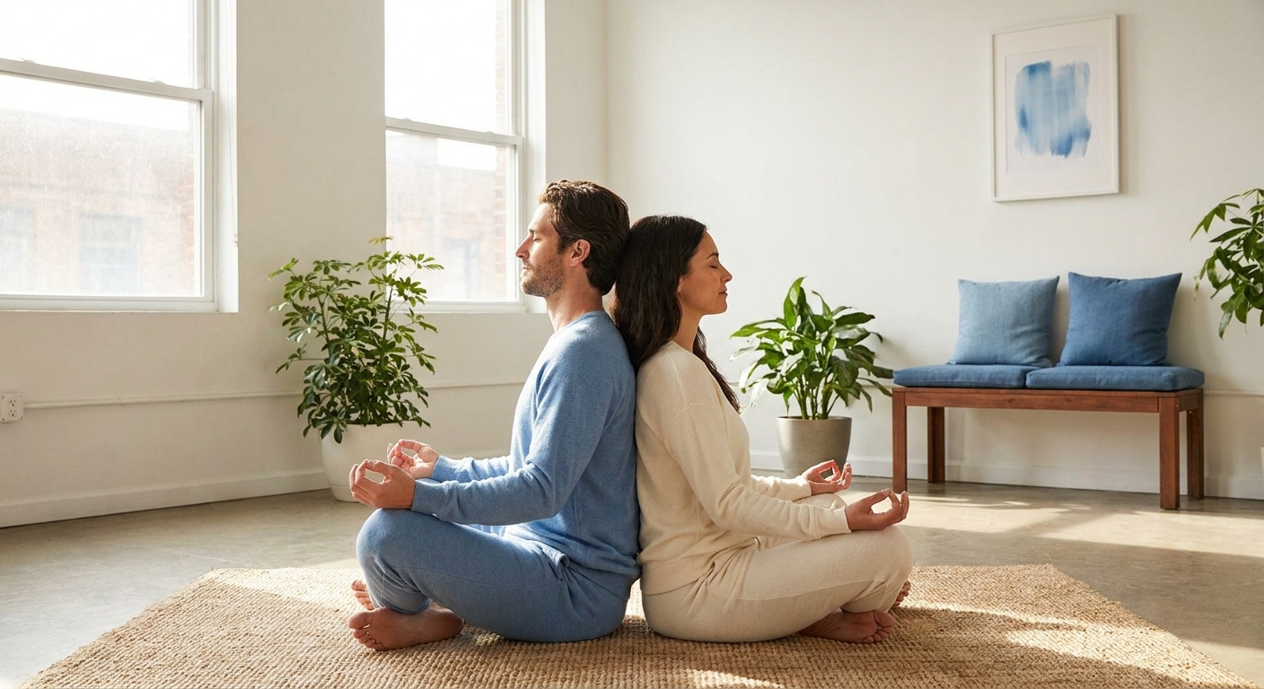 Casal praticando yoga e meditação juntos em sintonia, sentados de costas um para o outro em ambiente tranquilo