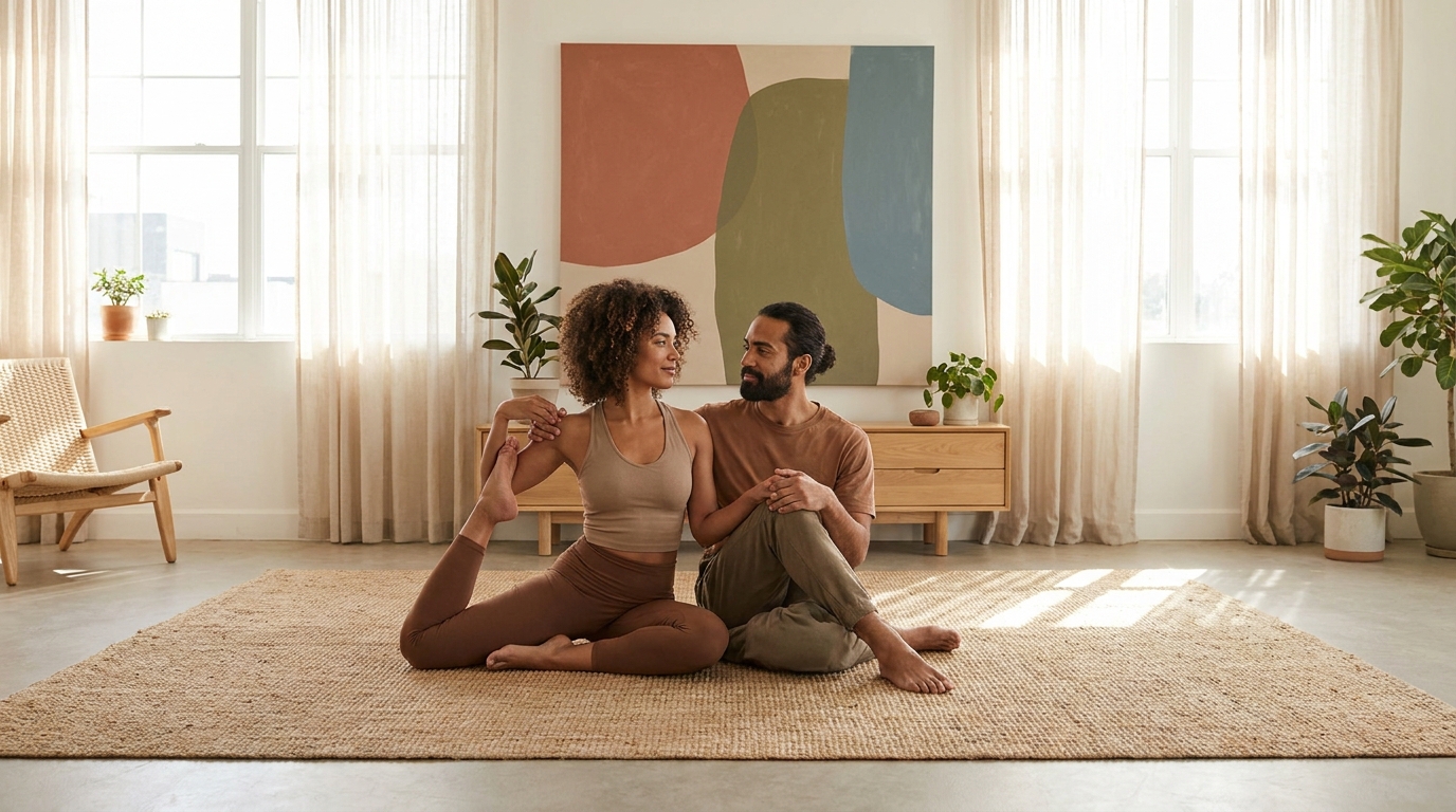 Casal praticando yoga juntos em harmonia e conexão - Vitalizen App
