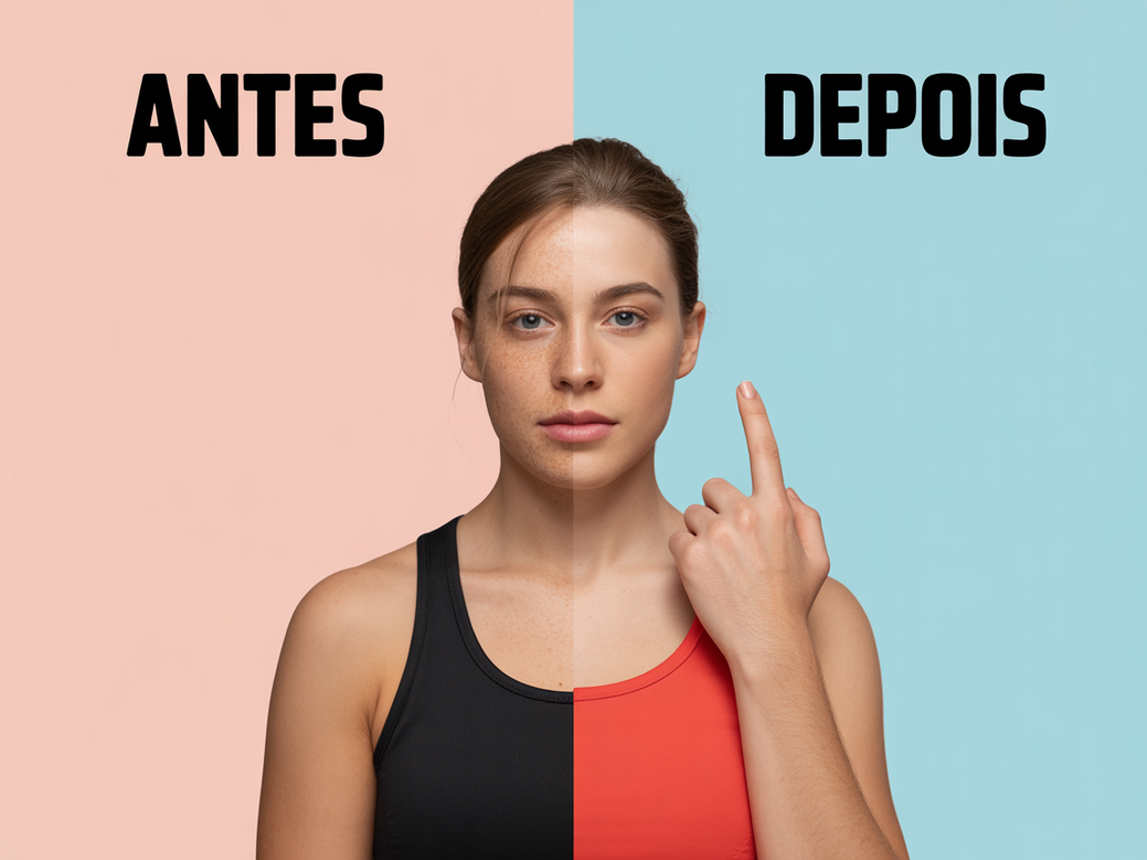 Exemplo de antes e depois de uma cliente que usou mensagens de superação para alcançar sua transformação física e mental.