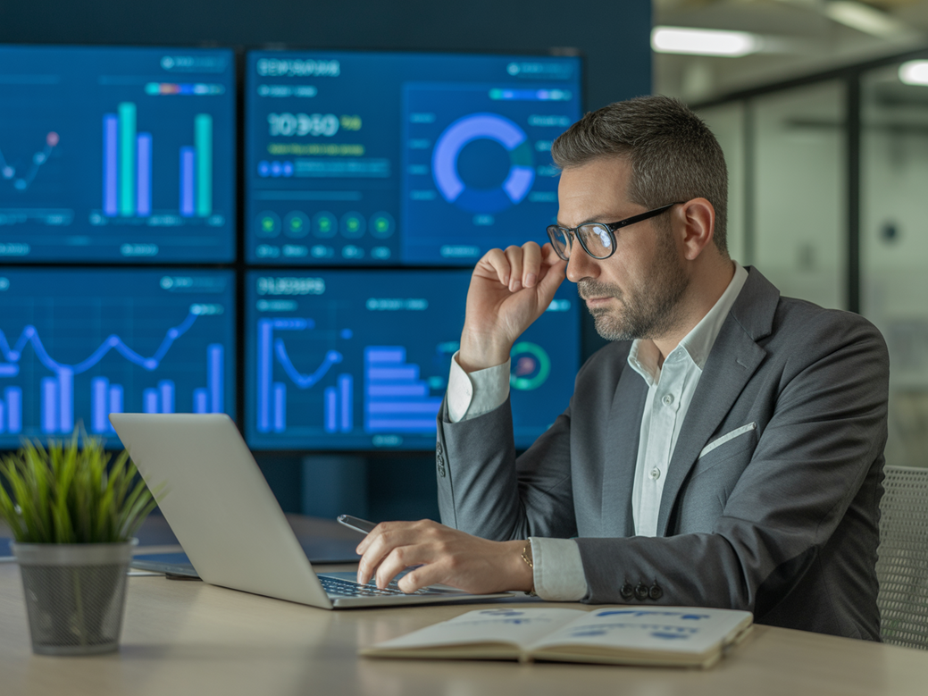 CEO analisando um dashboard de CRM com IA focado em desafios de comunidade