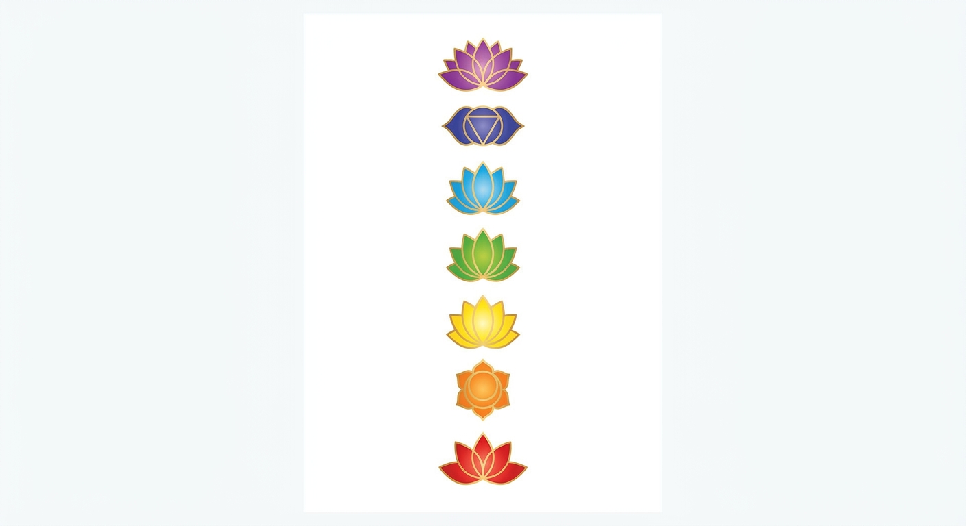 Ilustração dos 7 chakras com suas cores vibrantes: Raiz (vermelho), Sacral (laranja), Plexo Solar (amarelo), Coração (verde), Garganta (azul), Terceiro Olho (índigo) e Coronário (violeta)