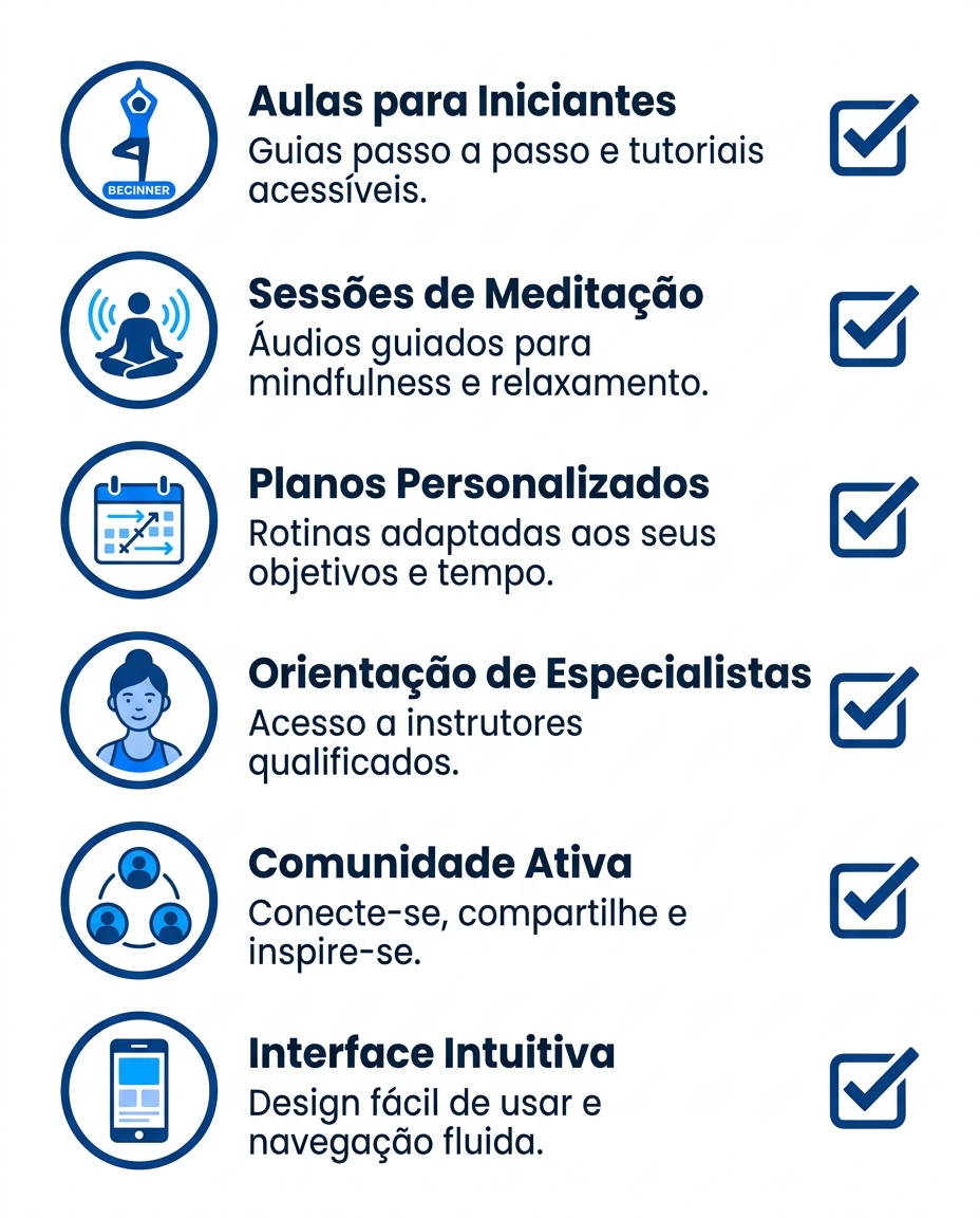 Checklist visual com 6 itens essenciais que um app de yoga precisa ter