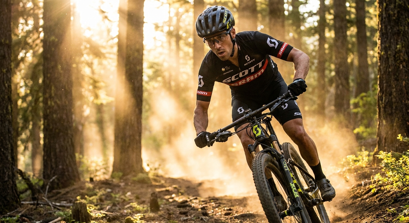 Ciclista de mountain bike pedalando em trilha ao amanhecer com foco na respiração controlada durante treino de ciclismo pós-covid