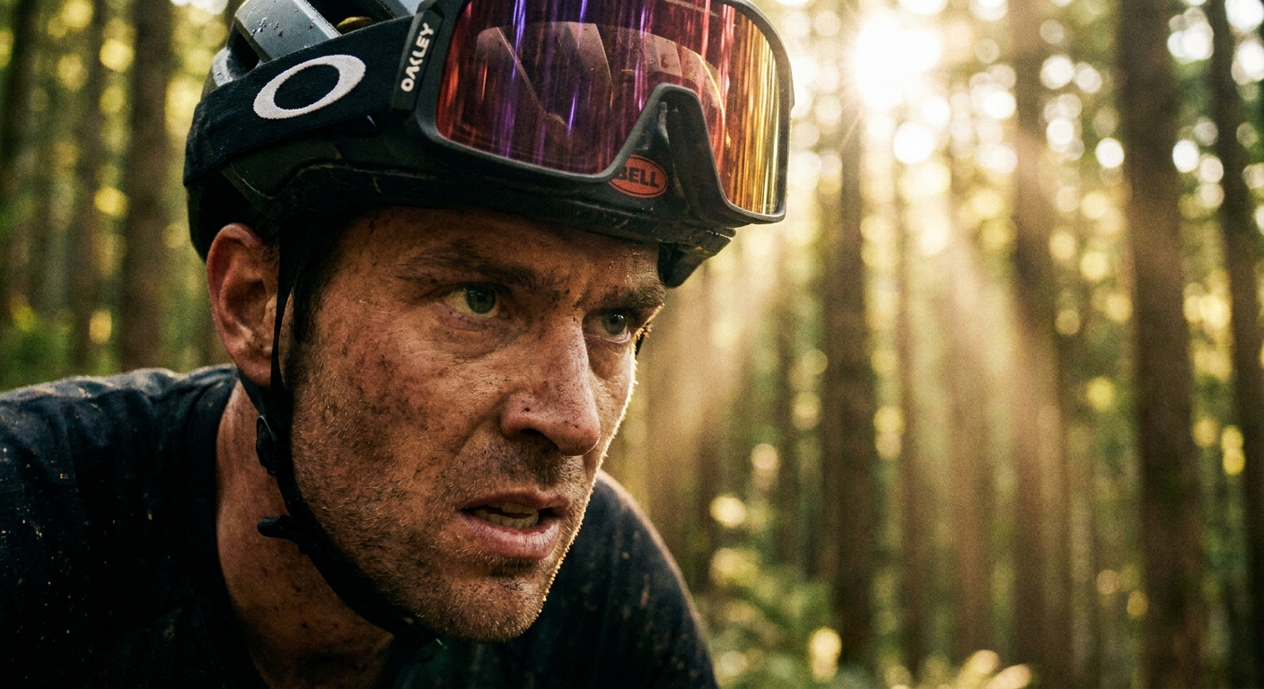 Ciclista de mountain bike em trilha com foco mental e concentração durante treino cognitivo