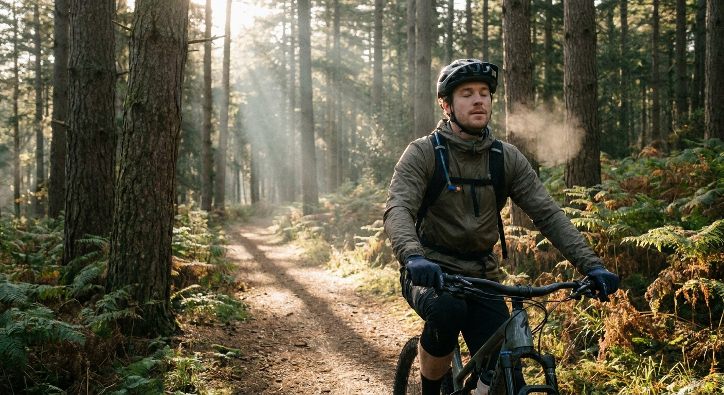 Ciclista respirando conscientemente durante subida de mountain bike em meio à natureza