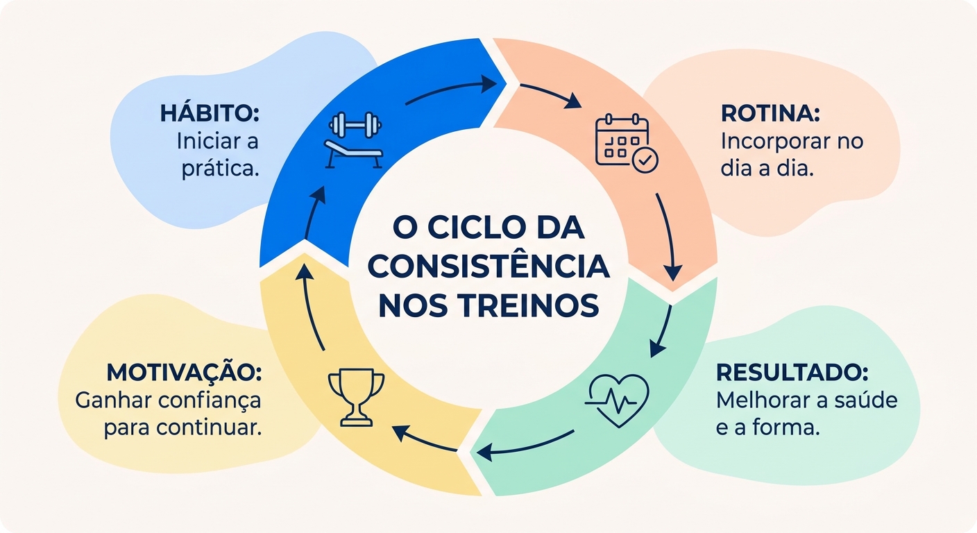 Ciclo da consistência nos treinos: hábito, rotina, resultado e motivação na mentalidade fitness