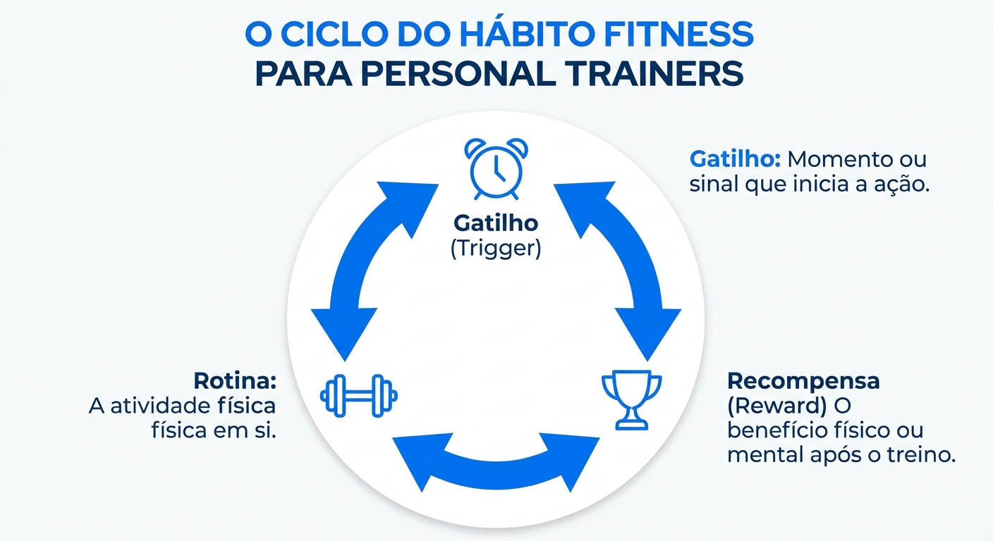 Ciclo do Hábito Fitness - Neurociência aplicada ao treino Infográfico do ciclo do hábito fitness: gatilho, rotina e recompensa para personal trainers