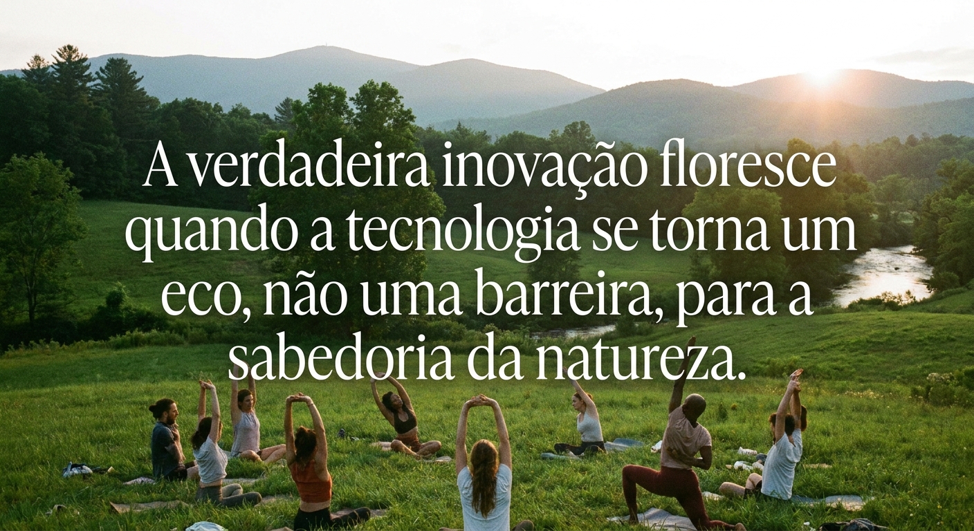 Citação inspiradora sobre tecnologia e natureza com pessoas fazendo alongamento ao ar livre