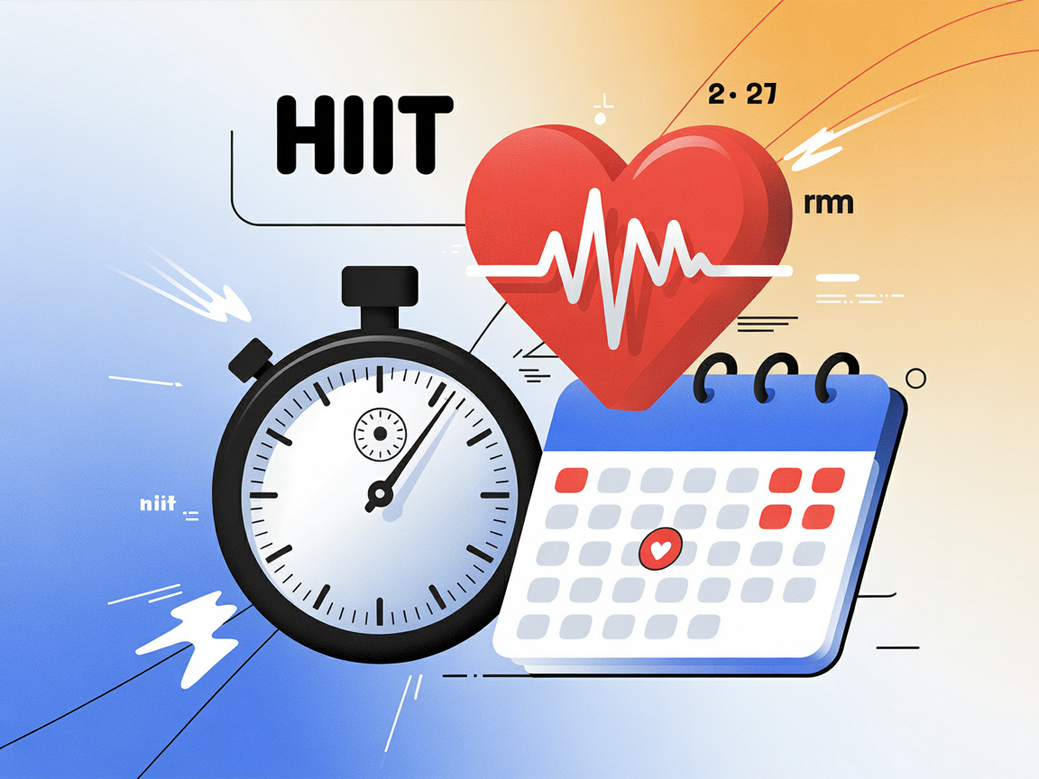 A personal trainer providing HIIT motivation to a client, with symbols of high-intensity training like a stopwatch and heart rate icon.
