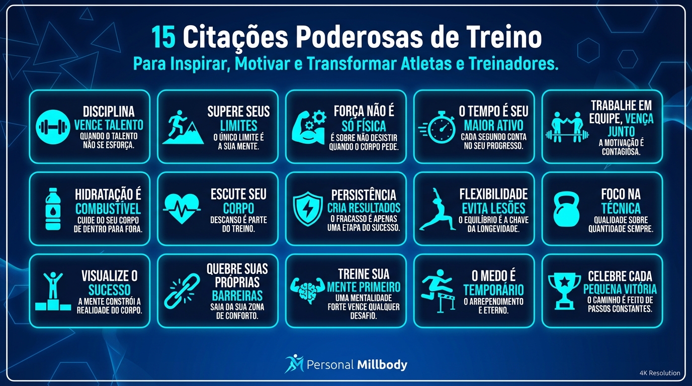 Citações sobre treino para preparadores de atletas em infográfico visual com 15 frases motivacionais