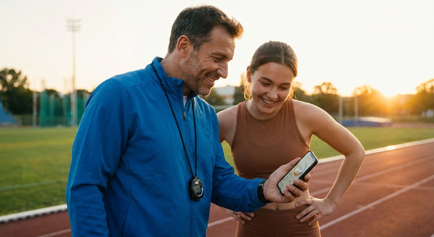 Coach de corrida dando feedback personalizado para aluno após treino