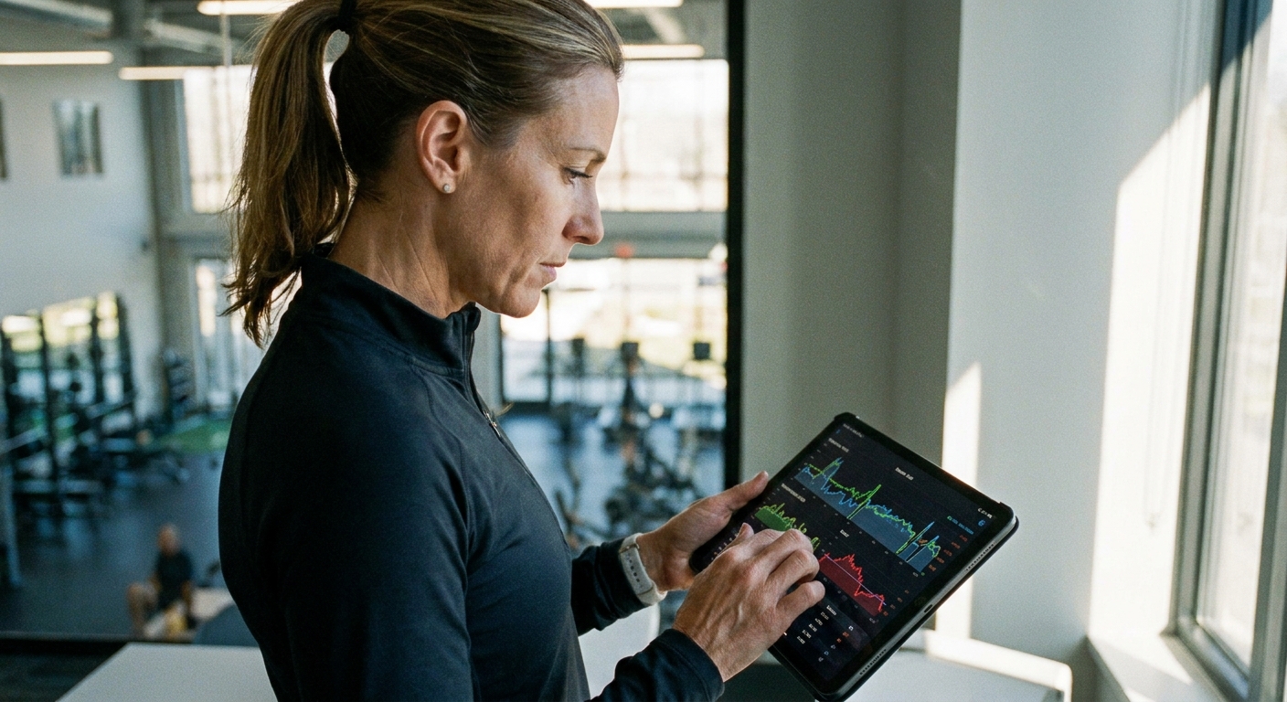 Coach de corrida analisando dados de performance de alunos em tablet