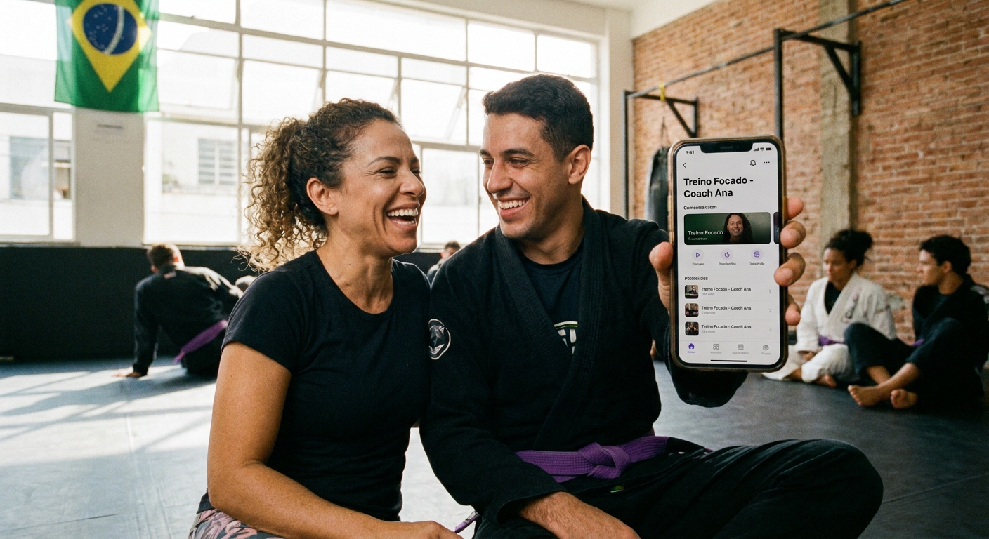Coach de emagrecimento ao lado de aluno de Jiu-Jitsu usando app para personal trainer no celular