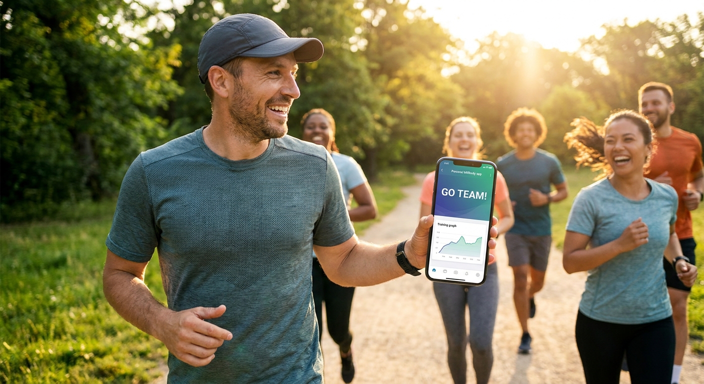 Coach de corrida feliz com alunos usando app Personal Millbody ao ar livre