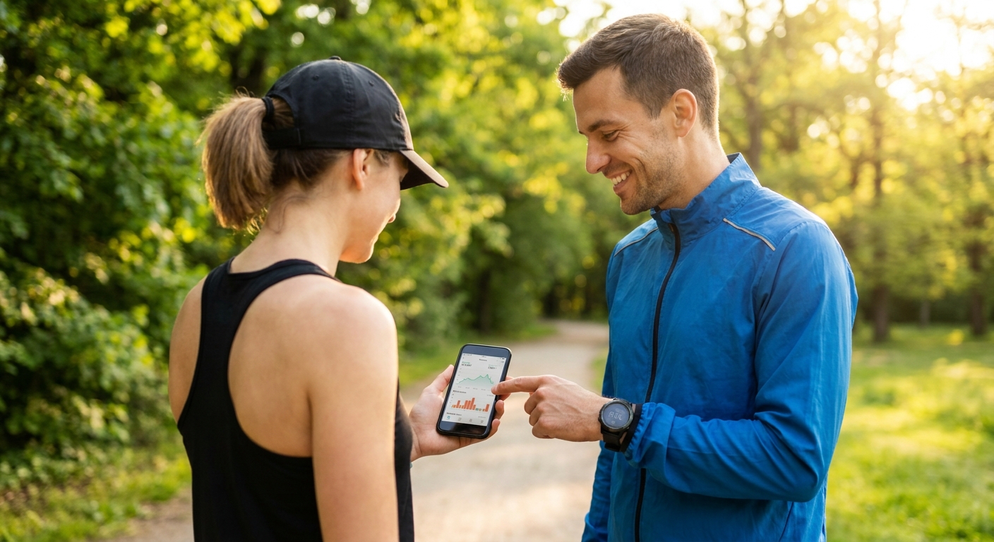 Coach de corrida sorrindo mostrando app Personal Millbody para aluno corredor em parque