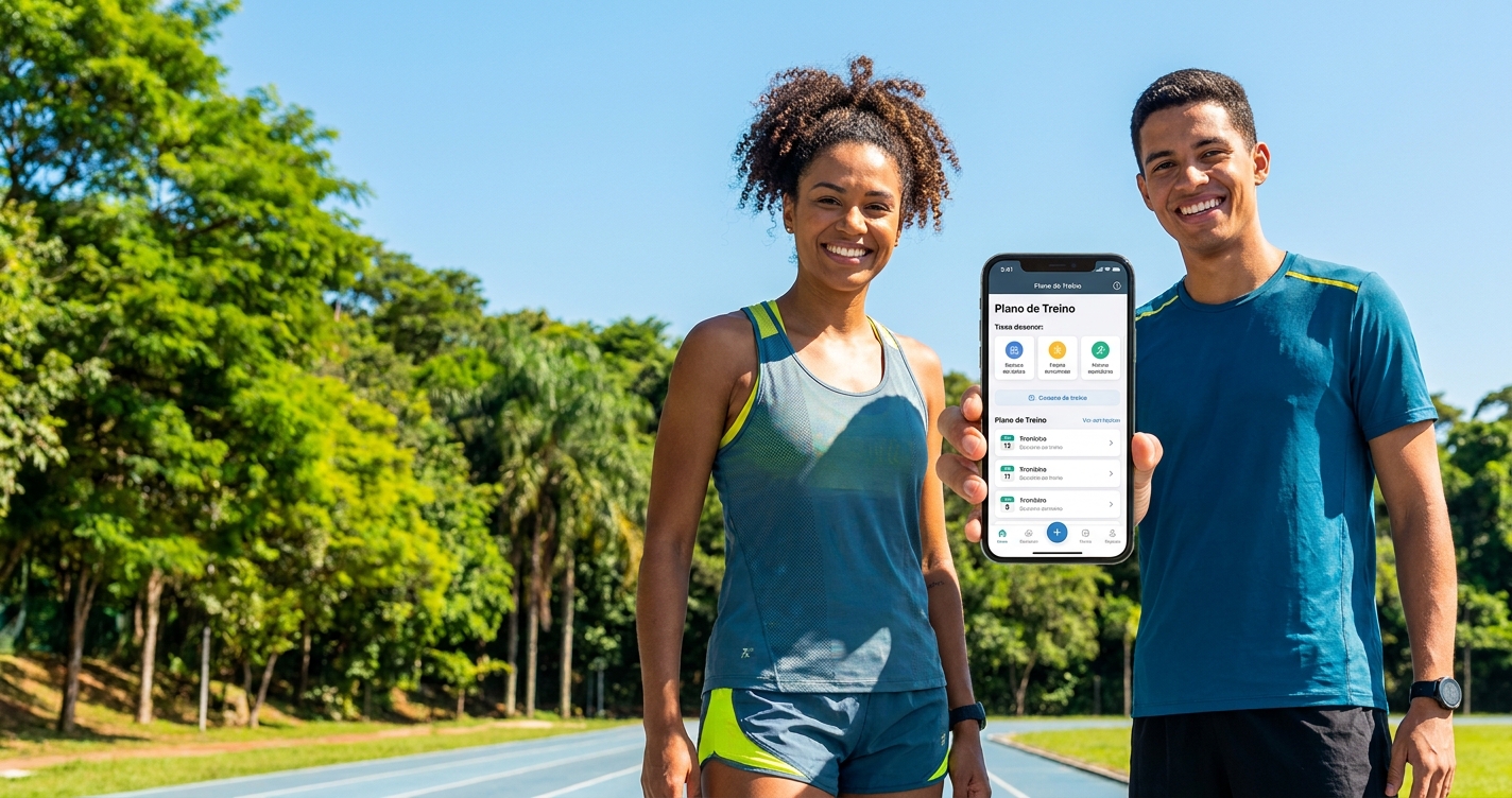App para personal trainer: Coach de corrida usando o aplicativo Millbody com um aluno em uma pista de atletismo