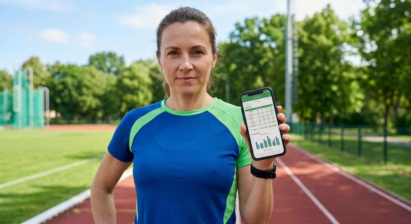 Coach de corrida usando aplicativo para coach de corrida personalizado Coach de corrida segurando smartphone com aplicativo para coach de corrida Personal Millbody mostrando planilha de treino ao ar livre