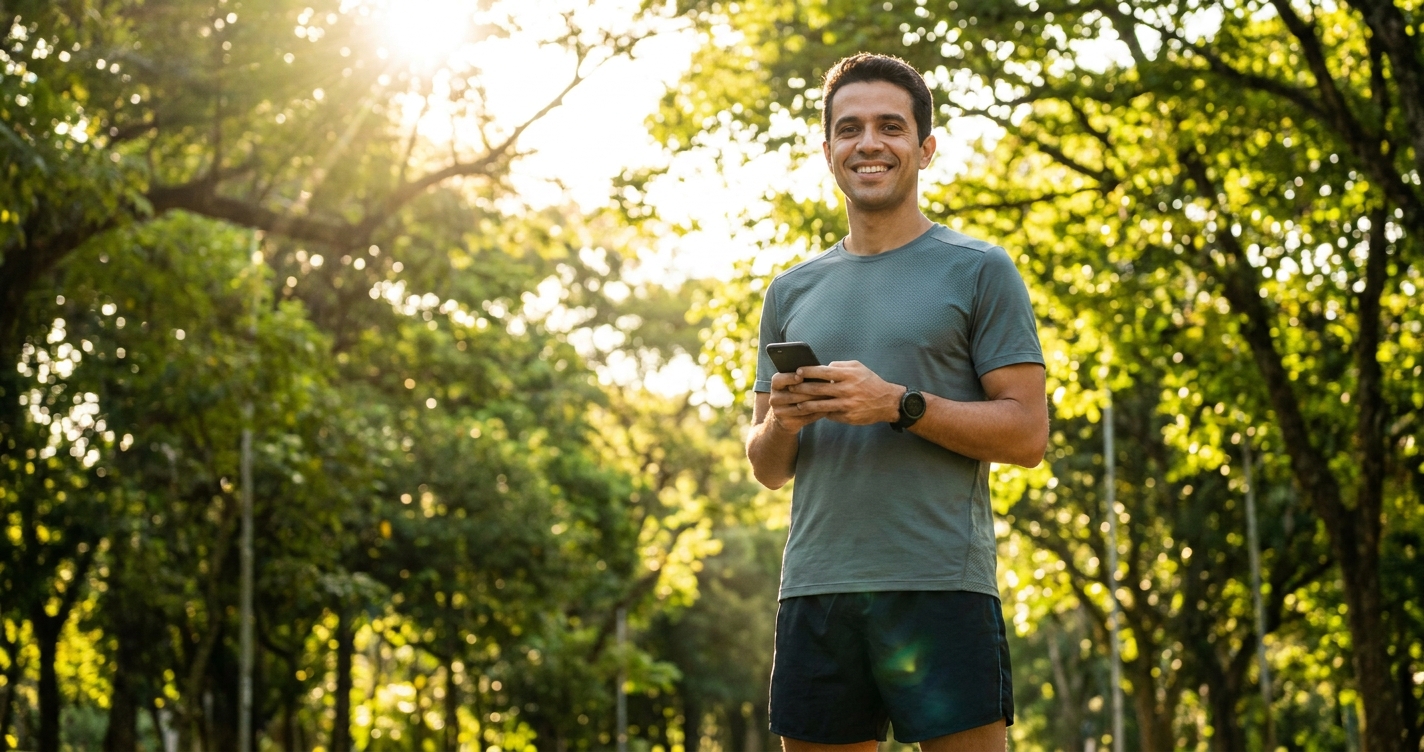Coach de corrida sorridente usando smartphone em parque ensolarado