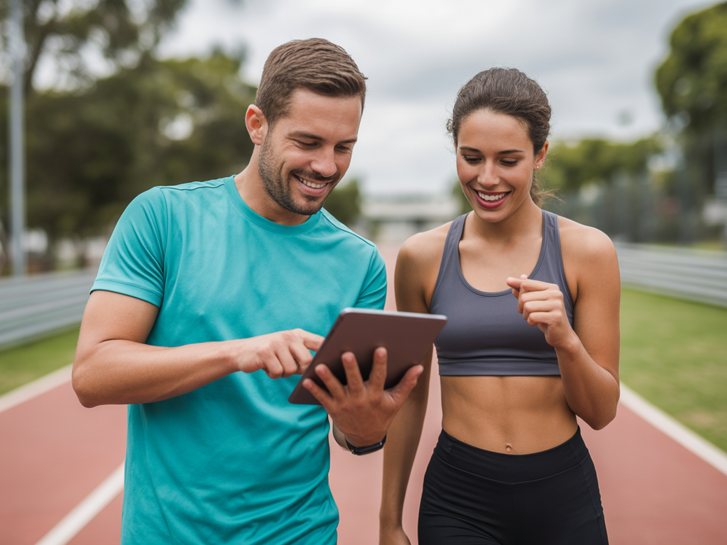Coach de corrida profissional utilizando um tablet para mostrar a evolução de sua aluna em uma pista de atletismo, simbolizando o uso da tecnologia na carreira de educação física e o sucesso do treinamento.