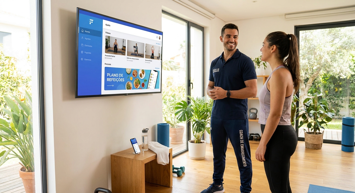 Coach de Emagrecimento orientando aluno com app para TV personal trainer