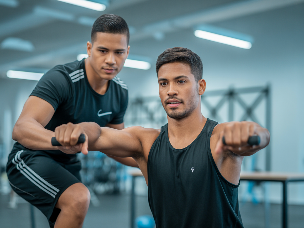 Coach de CrossFit auxiliando aluna em exercício de respiração e mobilidade.