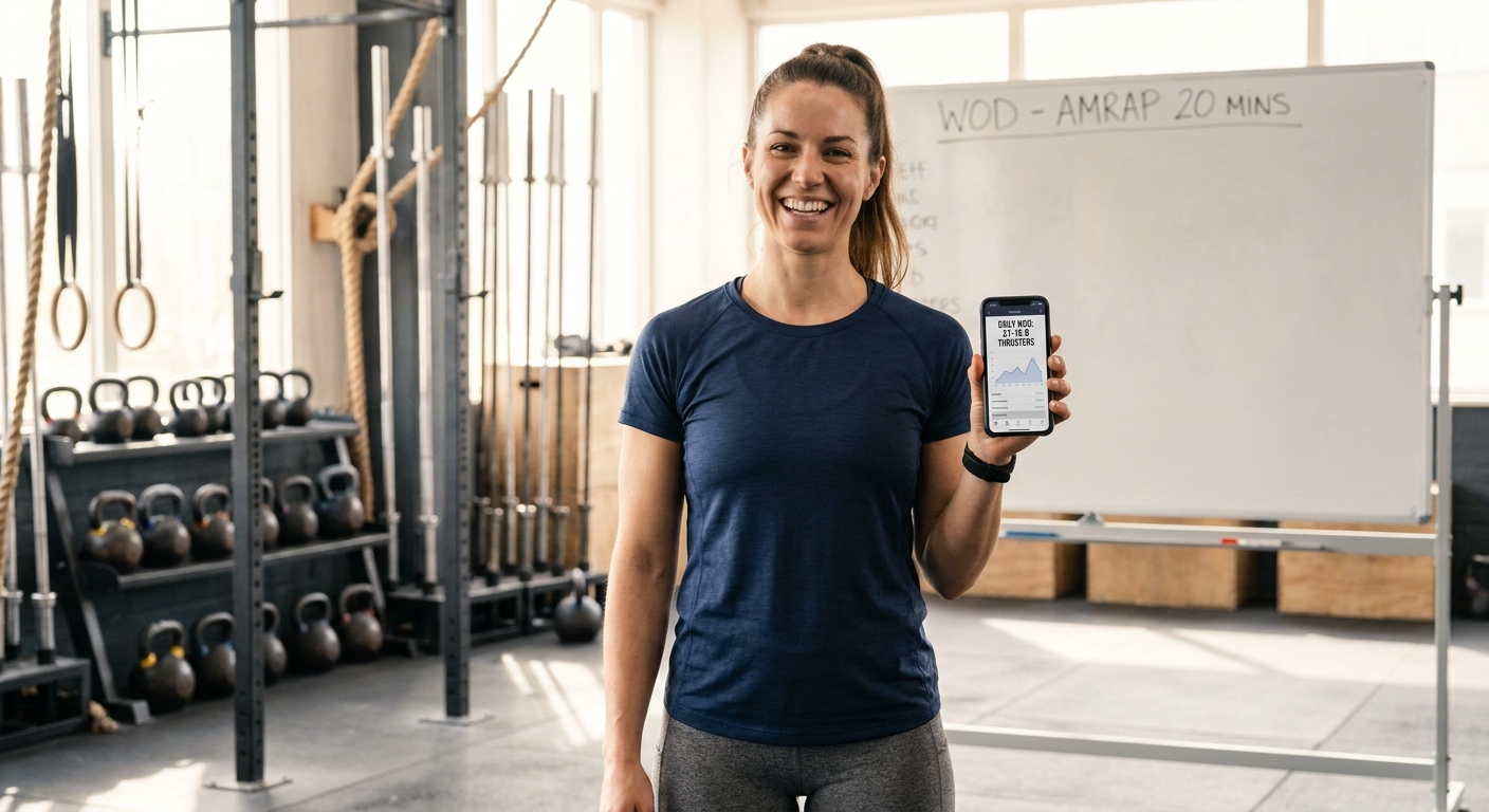 Coach de mentalidade fitness usando app para treinos CrossFit