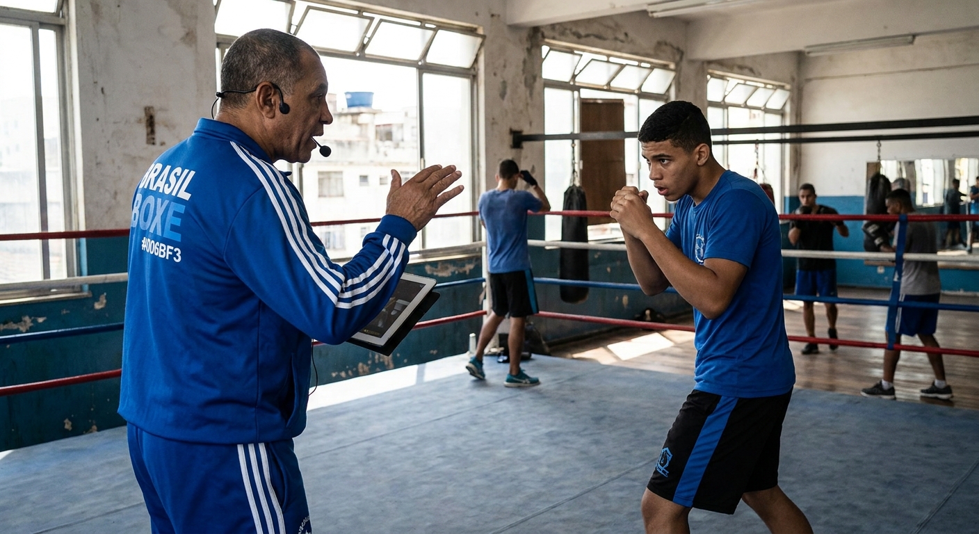 Treinador de boxe usando app Millbody para treino cognitivo com aluno no ringue