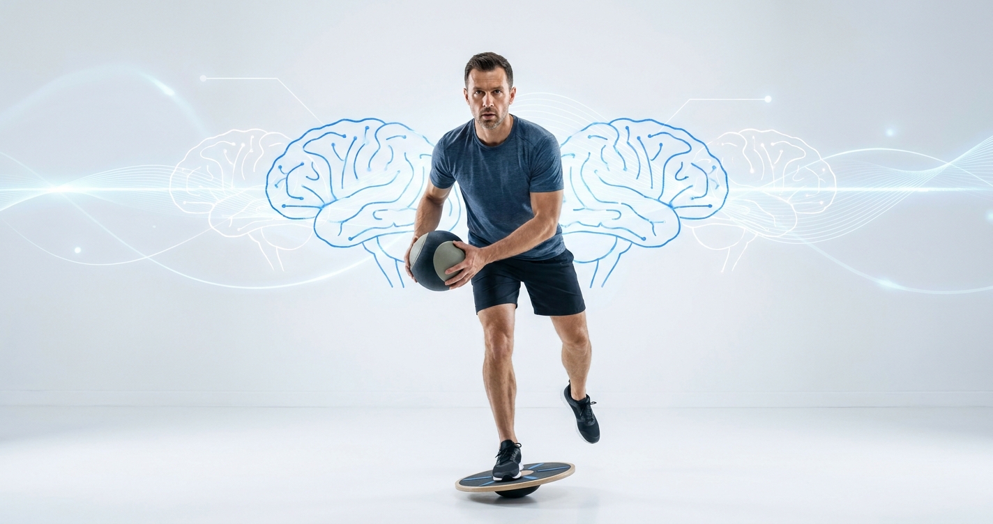 Coach de Performance Cognitiva realizando exercício de equilíbrio e coordenação