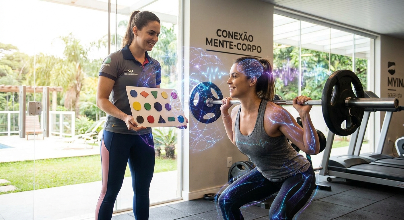 Coach de performance cognitiva aplicando treino que une movimento e mente com aluno em academia