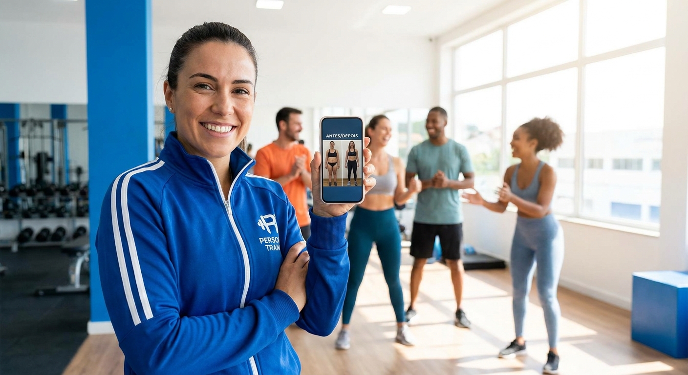 Personal trainer coach de transformação usando app para acompanhar evolução de alunos