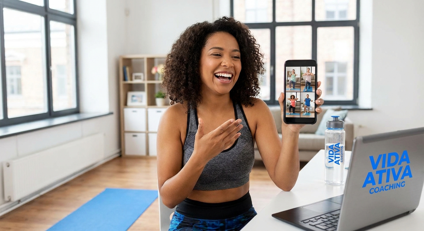 Atendimento online para personal trainer com grupo de alunos em videochamada