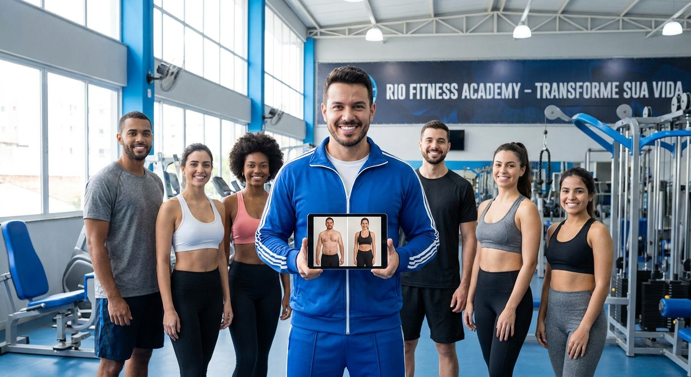 Coach de transformação com grupo de alunos mostrando evolução antes e depois
