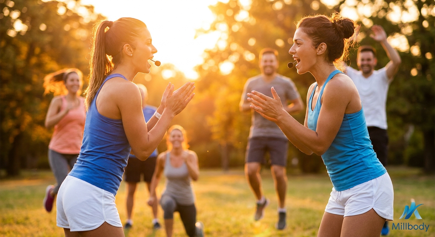 Plataforma para personal trainer com Coach de Transformação liderando treino HIIT