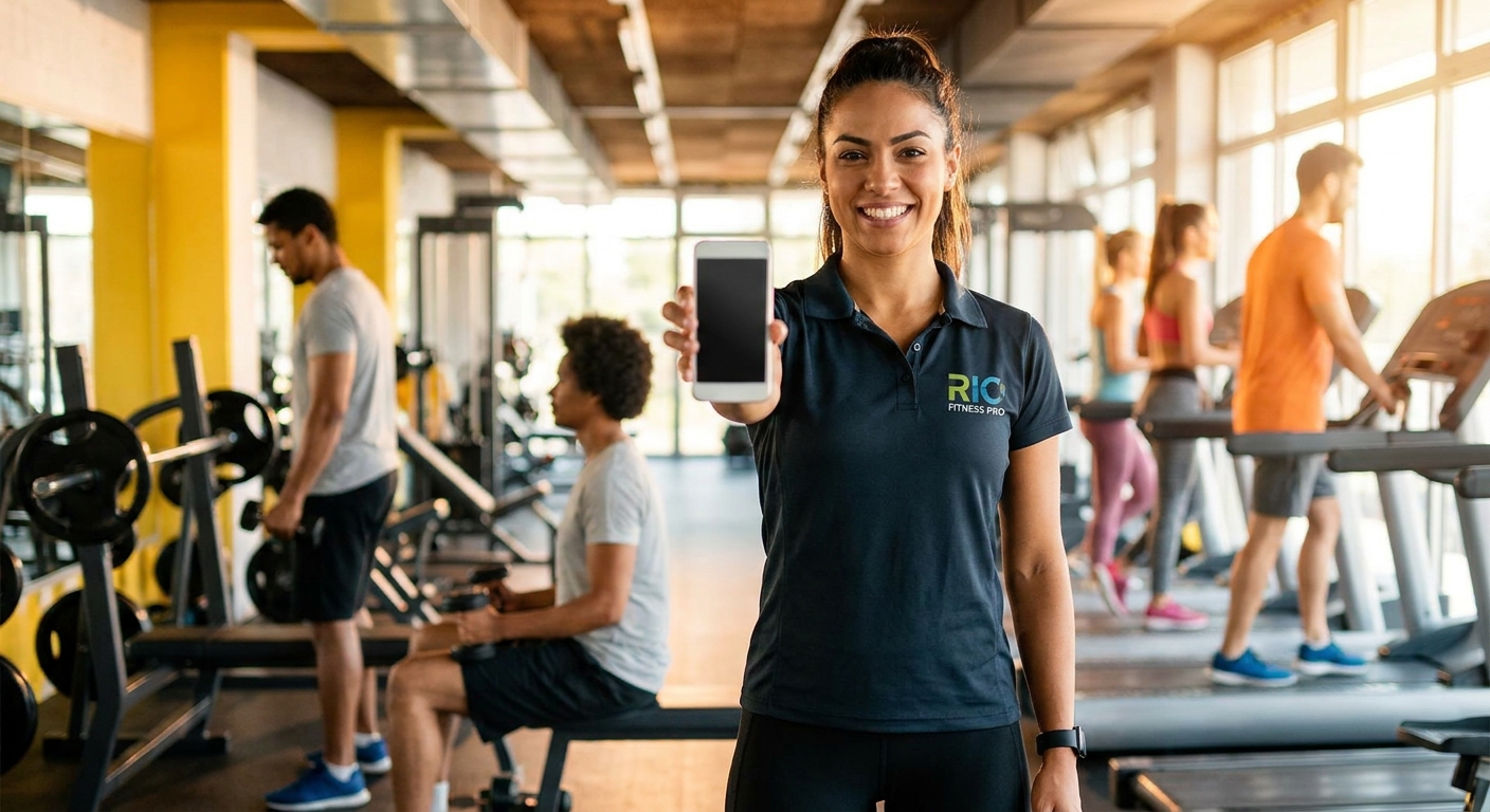 Coach de transformação sorrindo em academia moderna com alunos ao fundo – marketing digital para personal trainer