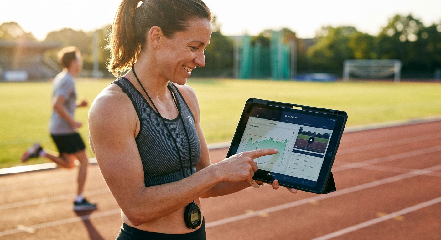 Coach de corrida utilizando personal trainer app em tablet para analisar desempenho de aluno