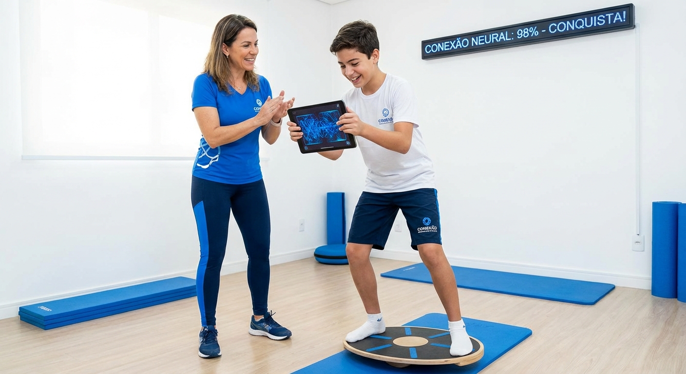 Professor de educação física orientando aluno em treino funcional