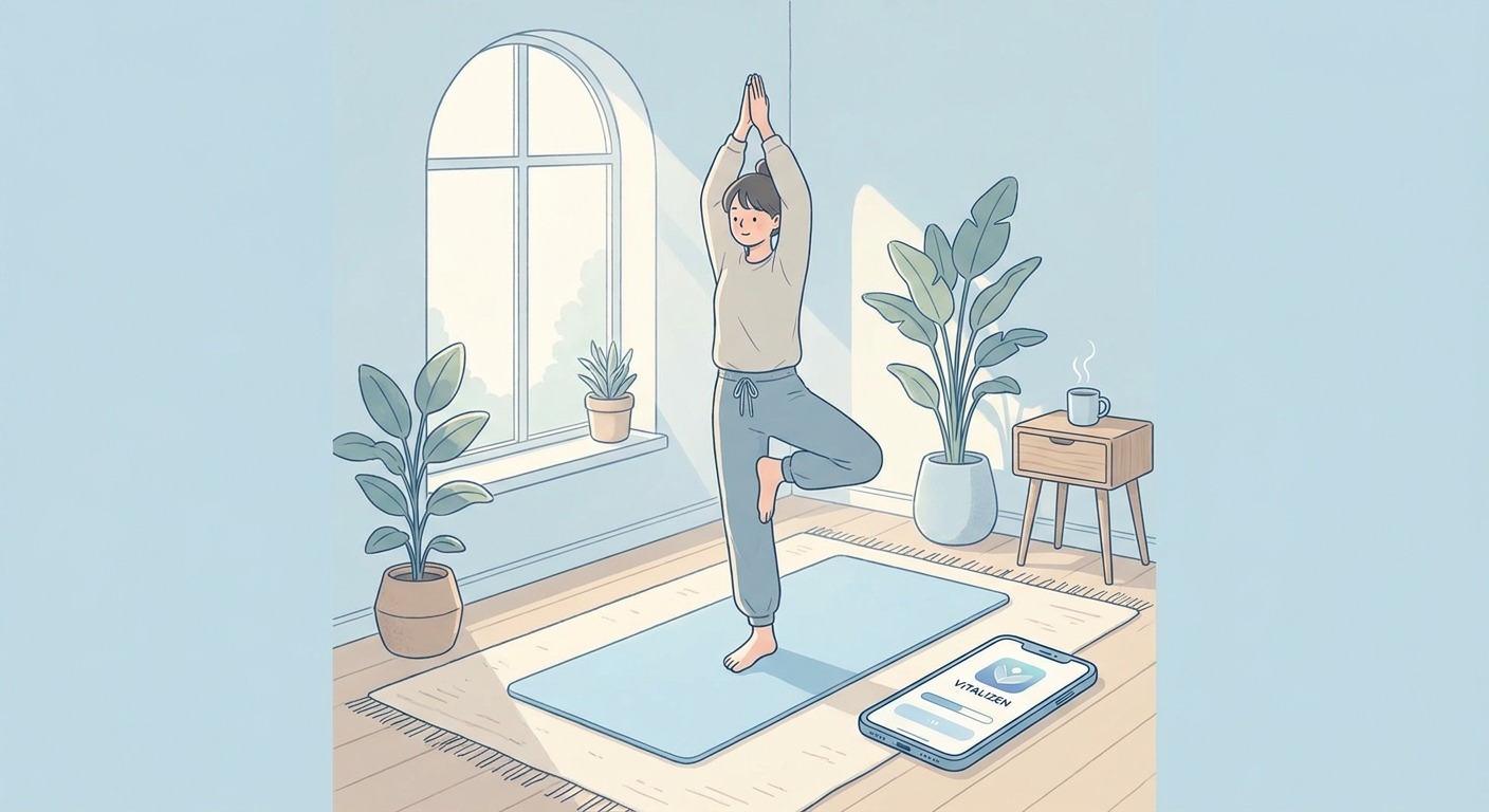 Pessoa jovem praticando yoga em casa com o app Vitalizen ao lado