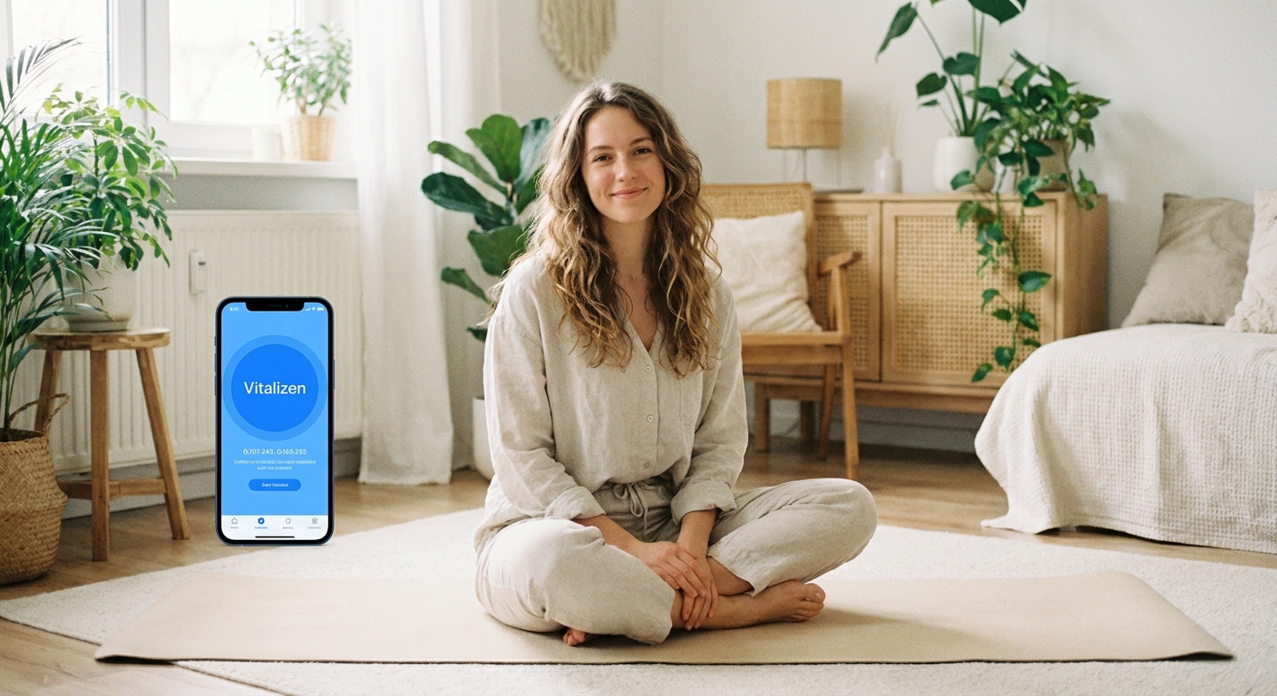 Jovem iniciante praticando yoga para iniciantes em casa com o app Vitalizen