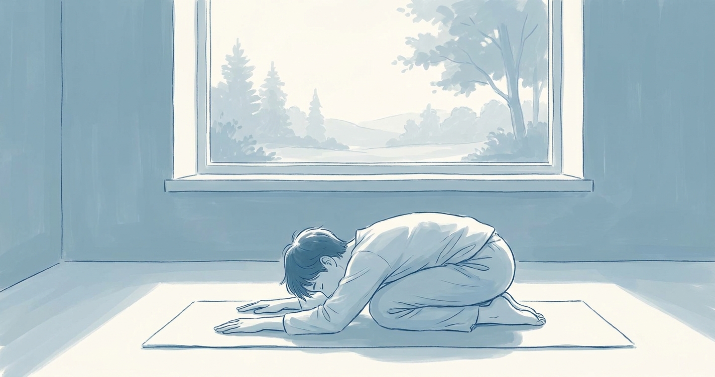 Como começar a praticar yoga - pessoa jovem em postura de montanha, ambiente calmo com tons azuis