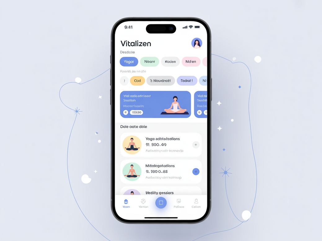 Interface do aplicativo Vitalizen mostrando sessões de yoga e meditação para iniciantes.