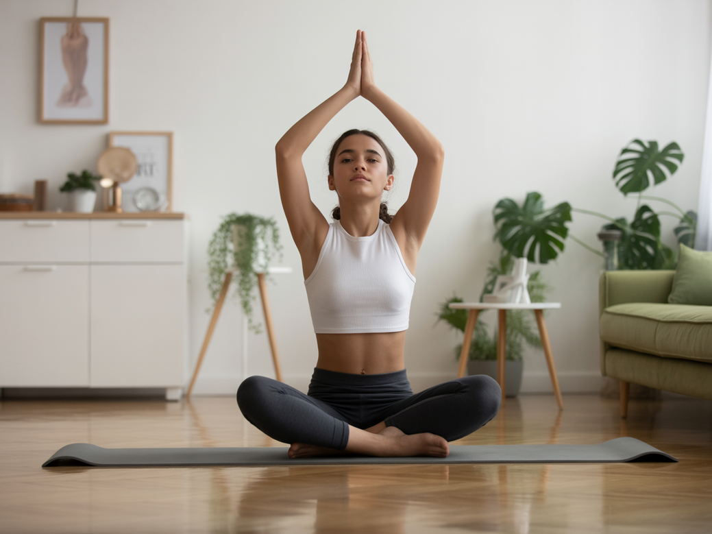 Jovem praticando yoga em um ambiente moderno e calmo, representando como começar a praticar yoga para iniciantes.