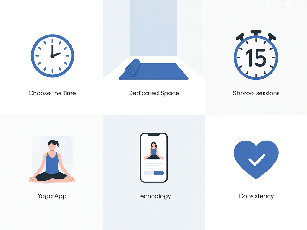 Infográfico com 5 passos para começar a praticar yoga: escolher o momento, definir o espaço, começar com sessões curtas, usar tecnologia e ser consistente.