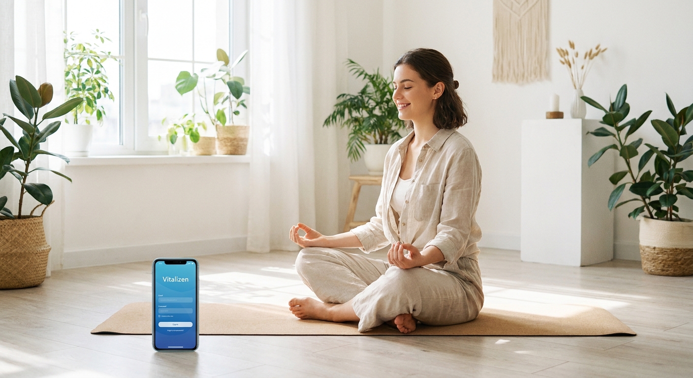 Jovem sorrindo praticando yoga em casa com o app Vitalizen ao lado